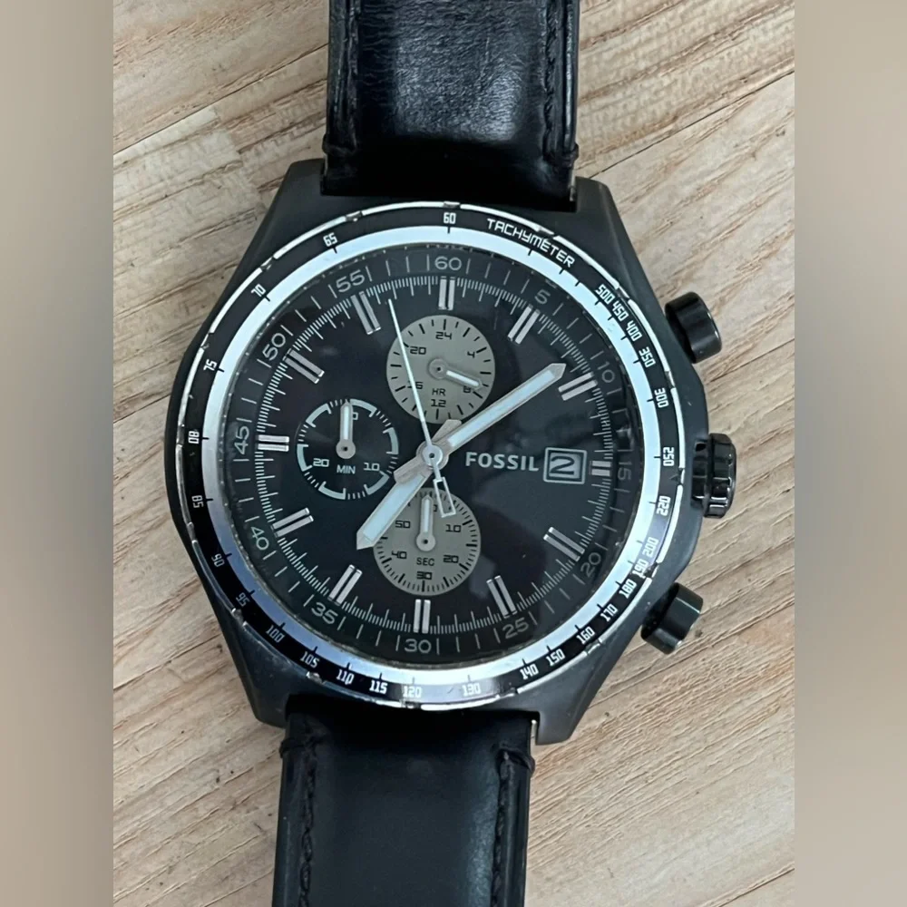 Fossil Men’s Watch Chronograph Black Leather Strap Black Dial Stainless Case